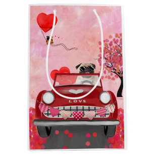 Pug Dog Car with Hearts Valentine's  Medium Gift Bag