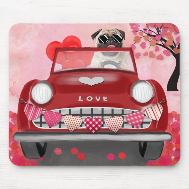 Pug Dog Car with Hearts Valentine's   Mouse Pad (Front)