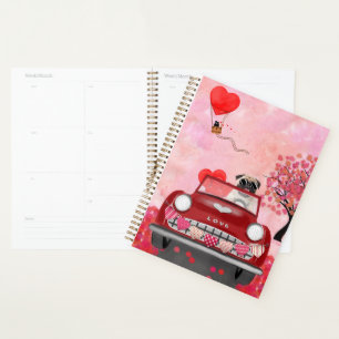 Pug Dog Car with Hearts Valentine's Planner
