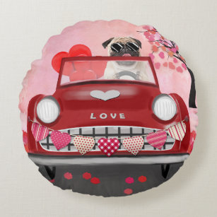 Pug Dog Car with Hearts Valentine's  Round Cushion