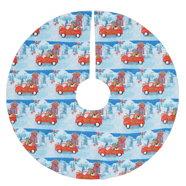 Pug Dog Christmas Delivery Truck Snow  Brushed Polyester Tree Skirt (Front)