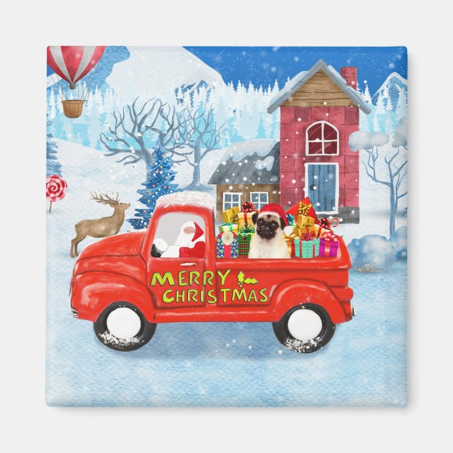 Pug Dog Christmas Delivery Truck Snow  Magnet (Front)