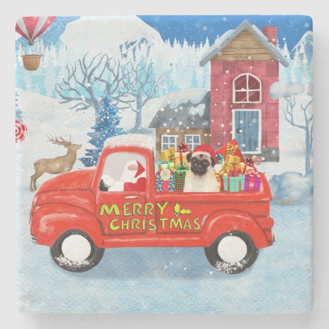 Pug Dog Christmas Delivery Truck Snow  Stone Coaster (Front)