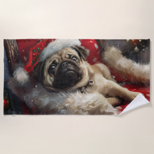 Pug Dog Christmas Festive Beach Towel