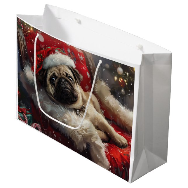 Pug Dog Christmas Festive Large Gift Bag (Front Angled)
