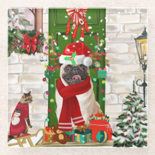 Pug Dog Christmas  Glass Coaster
