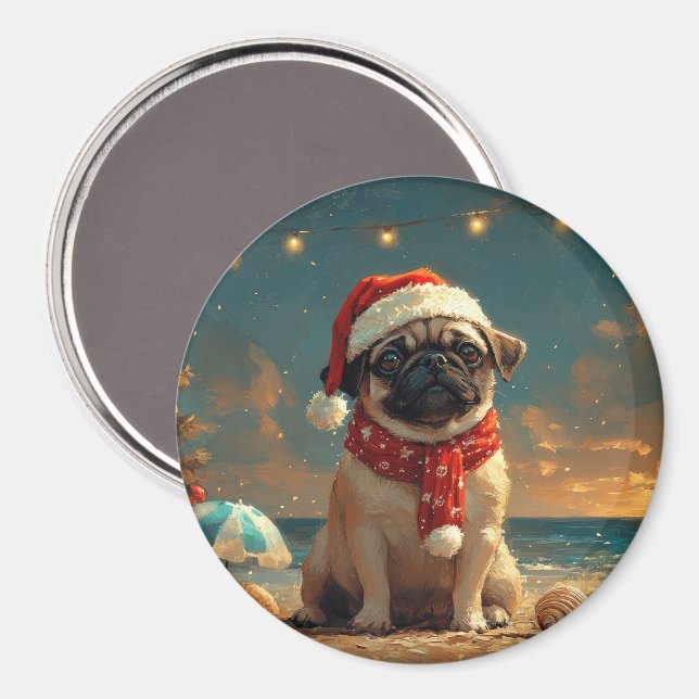 Pug Dog Christmas Vintage Beach Magnet (Front/Back)
