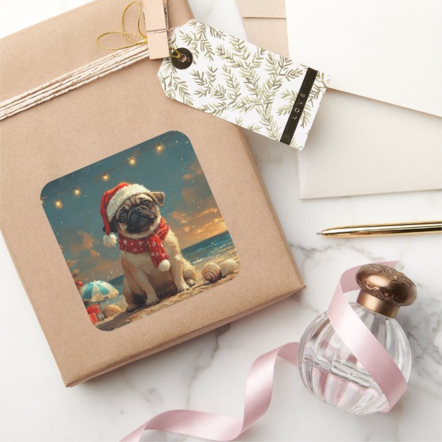 Pug Dog Christmas Vintage Beach Square Sticker (Gifting)