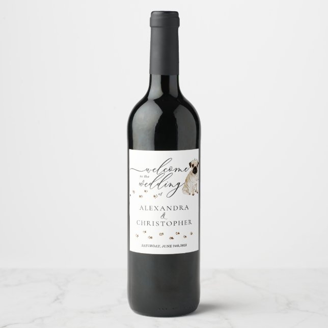 PUG Dog Cute wedding Wine Label (Front)