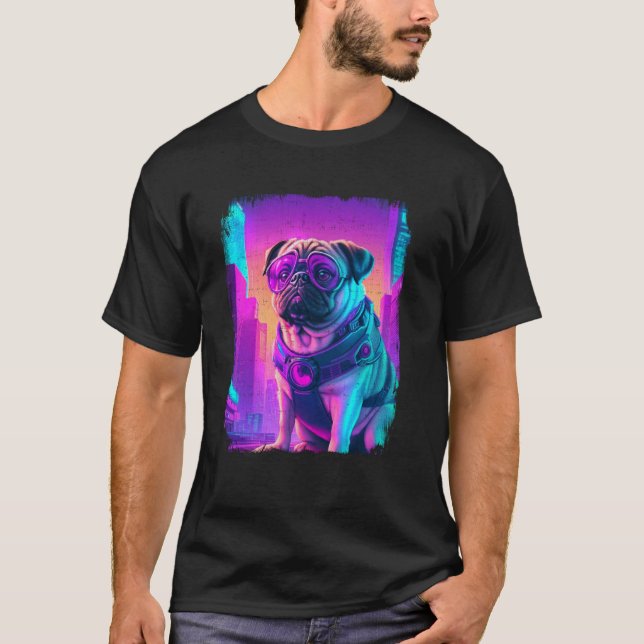 Pug Dog Cyber Vaporwave 80's Synthwave Retrowave D T-Shirt (Front)