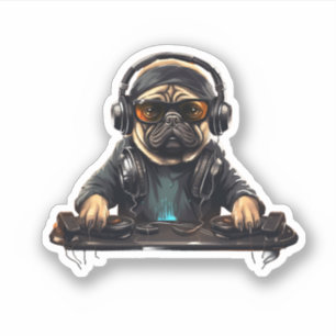 Pug Dog Dj with turntables and headphones, 