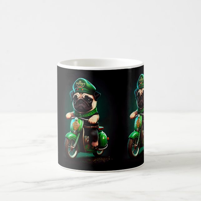 Pug Dog Driving Bike St. Patrick's Day Coffee Mug (Center)