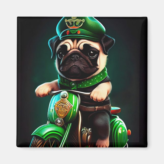 Pug Dog Driving Bike St. Patrick's Day Magnet (Front)