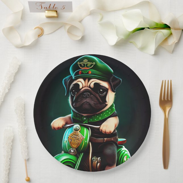 Pug Dog Driving Bike St. Patrick's Day Paper Plate (Wedding)