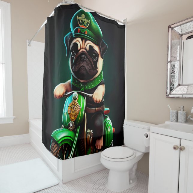 Pug Dog Driving Bike St. Patrick's Day Shower Curtain (In Situ)