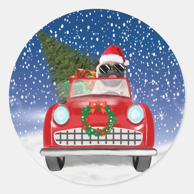 Pug Dog Driving Car In Snow Christmas   Classic Round Sticker (Front)