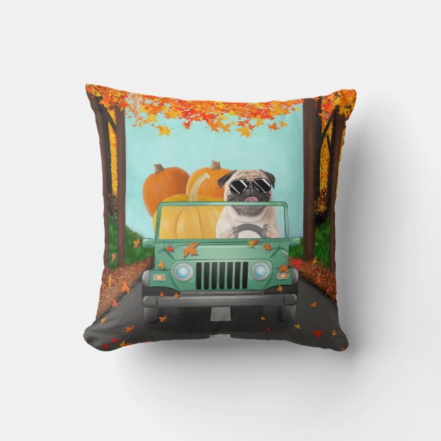Pug Dog Fall Pumpkin Cushion (Front)