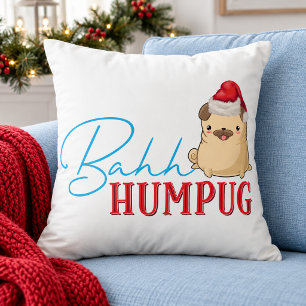 Pug Dog Funny Bah Humpug Christmas Gift Cushion