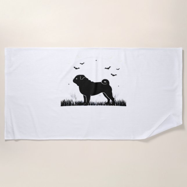 Pug Dog – Halloween Moon Silhouette Classic T-Shir Beach Towel (Front)