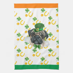 Pug Dog Holiday Home Decor St Patricks Day Tea Towel