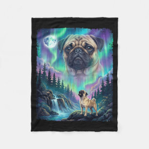 Pug dog howling northern lights aurora moon forest fleece blanket