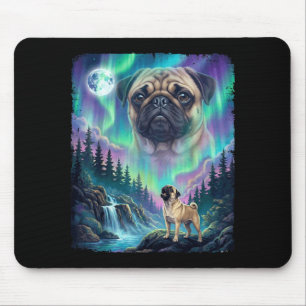 Pug dog howling northern lights aurora moon forest mouse pad