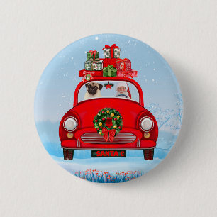 Pug Dog In Car With Santa Claus 6 Cm Round Badge