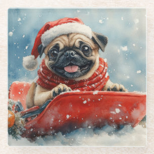 Pug Dog in Sledge Let it Snow Christmas Glass Coaster