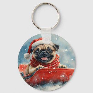 Pug Dog in Sledge Let it Snow Christmas Key Ring