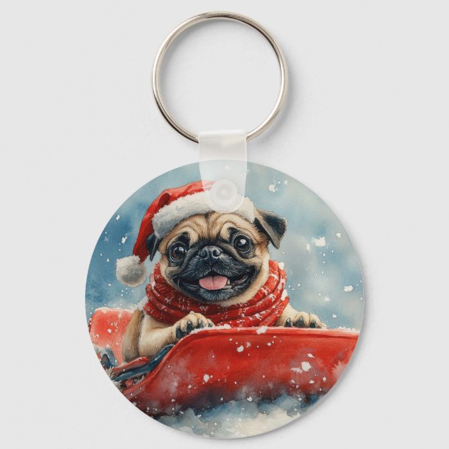 Pug Dog in Sledge Let it Snow Christmas Key Ring (Front)