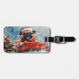 Pug Dog in Sledge Let it Snow Christmas Luggage Tag