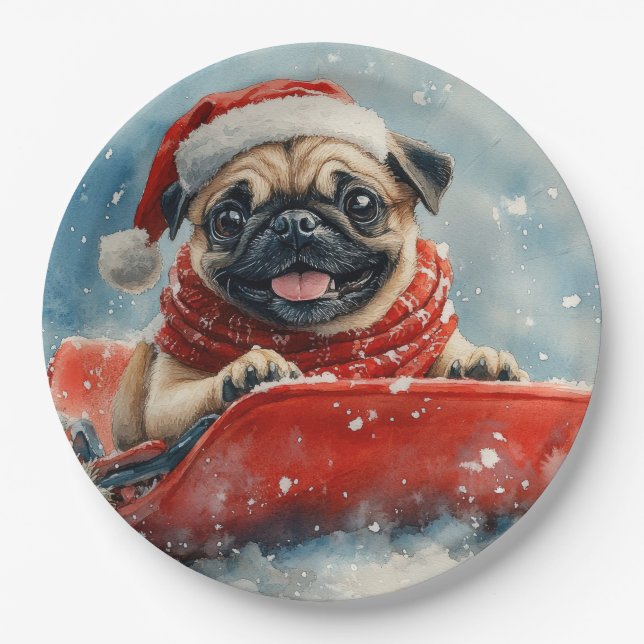 Pug Dog in Sledge Let it Snow Christmas Paper Plate (Front)