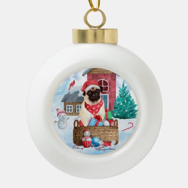 Pug Dog In snow Christmas Dog House  Ceramic Ball Christmas Ornament (Front)