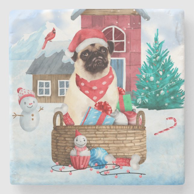 Pug Dog In snow Christmas Dog House Stone Coaster (Front)