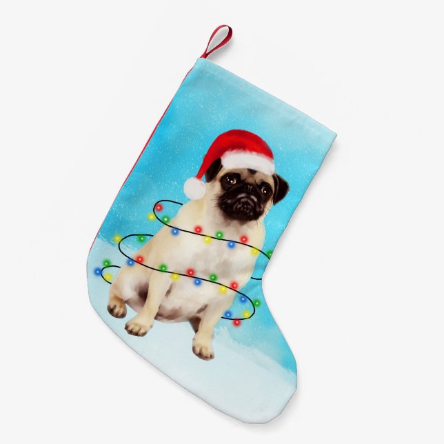 Pug Dog in Snow Christmas Hat Lights Small Christmas Stocking (Front (Hanging))