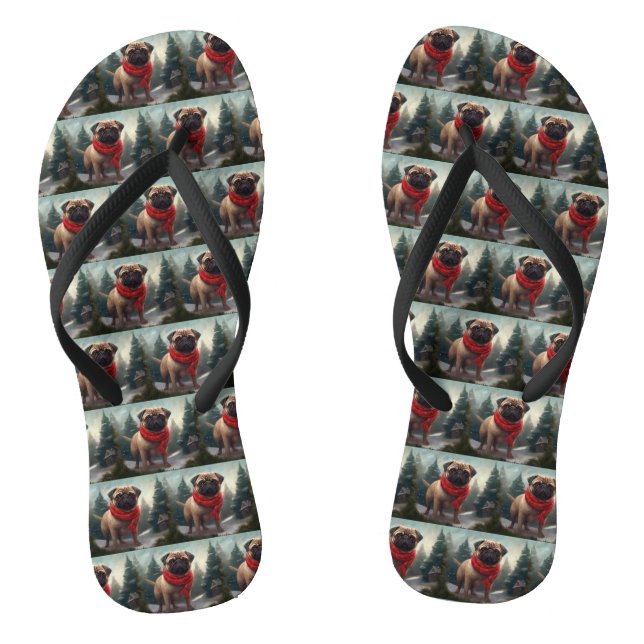 Pug Dog in Snow Christmas Jandals (Footbed)