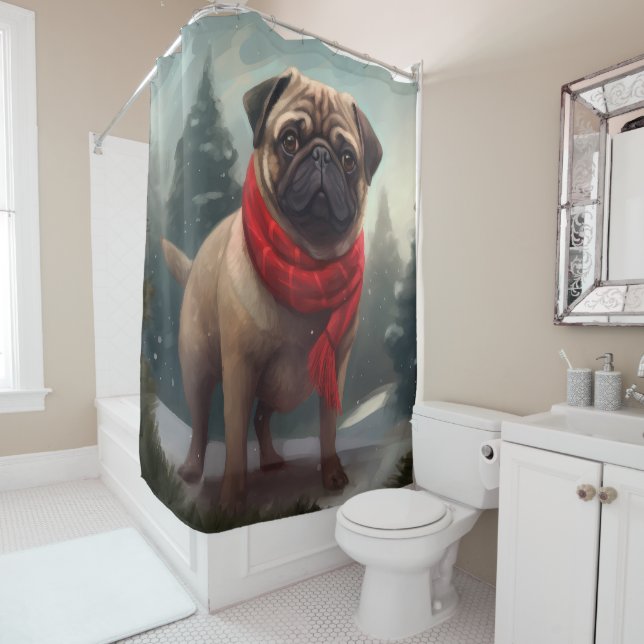 Pug Dog in Snow Christmas Shower Curtain (In Situ)
