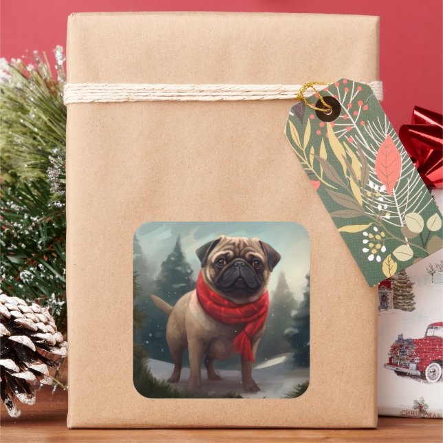 Pug Dog in Snow Christmas Square Sticker (Holiday)