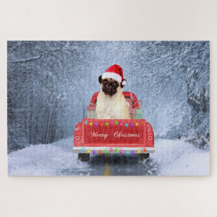Pug Dog in Snow sitting in Christmas Truck Jigsaw Puzzle