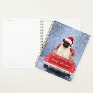 Pug Dog in Snow sitting in Christmas Truck Planner