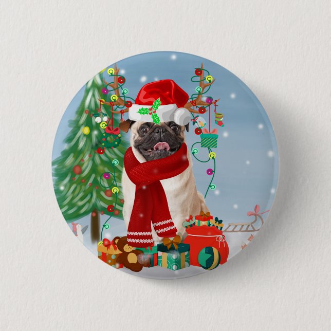 Pug Dog in Snow with Christmas Gifts   6 Cm Round Badge (Front)