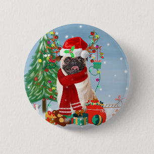 Pug Dog in Snow with Christmas Gifts 6 Cm Round Badge