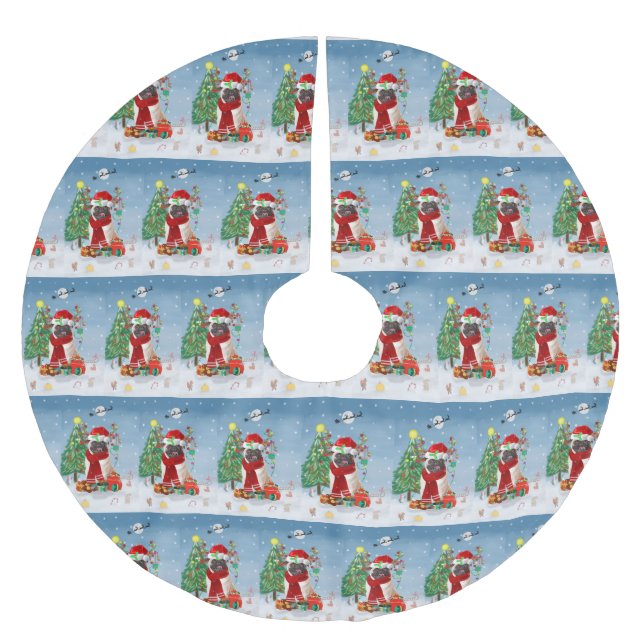 Pug Dog in Snow with Christmas Gifts   Brushed Polyester Tree Skirt (Front)