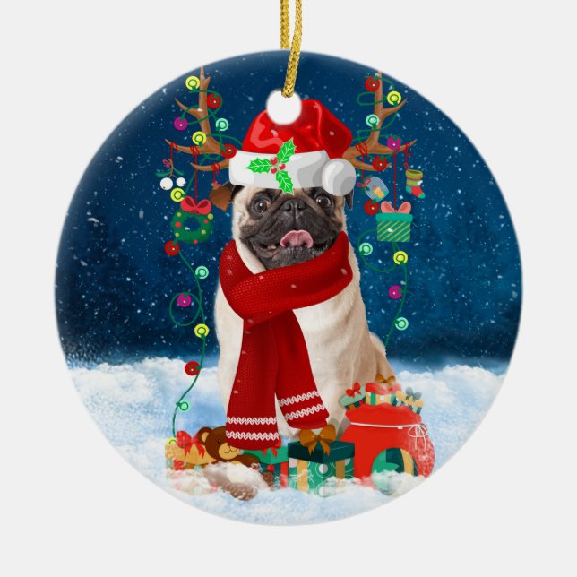 Pug Dog in Snow with Christmas Gifts  Ceramic Tree Decoration (Front)