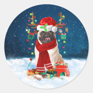 Pug Dog in Snow with Christmas Gifts  Classic Round Sticker