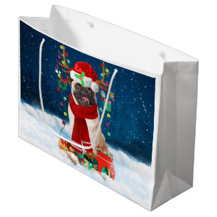 Pug Dog in Snow with Christmas Gifts  Large Gift Bag
