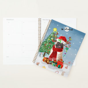 Pug Dog in Snow with Christmas Gifts   Planner