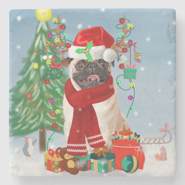 Pug Dog in Snow with Christmas Gifts   Stone Coaster (Front)
