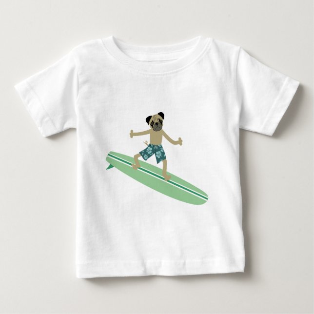 Pug Dog Longboard Surfer Baby T-Shirt (Front)