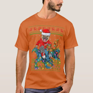 Pug Dog Lover Ugly Xmas Lights Pug Riding Dinosaur T-Shirt